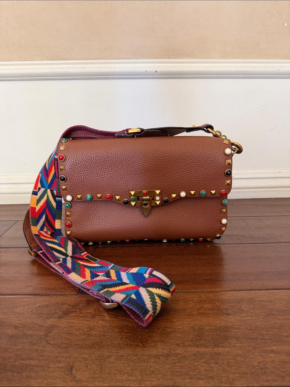 Valentino Brown Studded Leather Crossbody Bag and shoulder with Colorful Strap